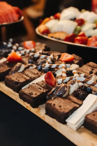 Brownie squares topped with fresh strawberries
