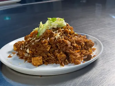 A plated rice dish with stewed meat and fresh garnish